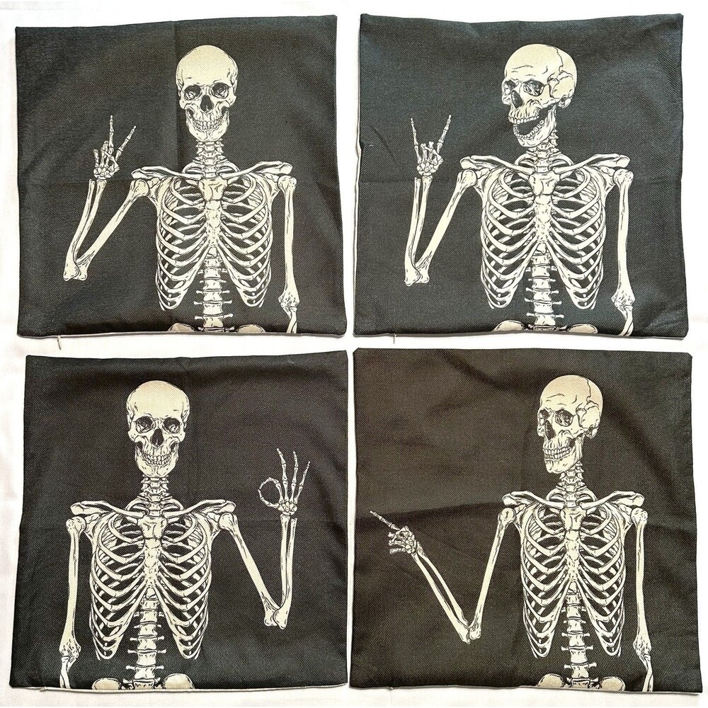 4pc Halloween Skeleton Throw Pillow Covers 17x17 Gothic Creepy Cushion Cases